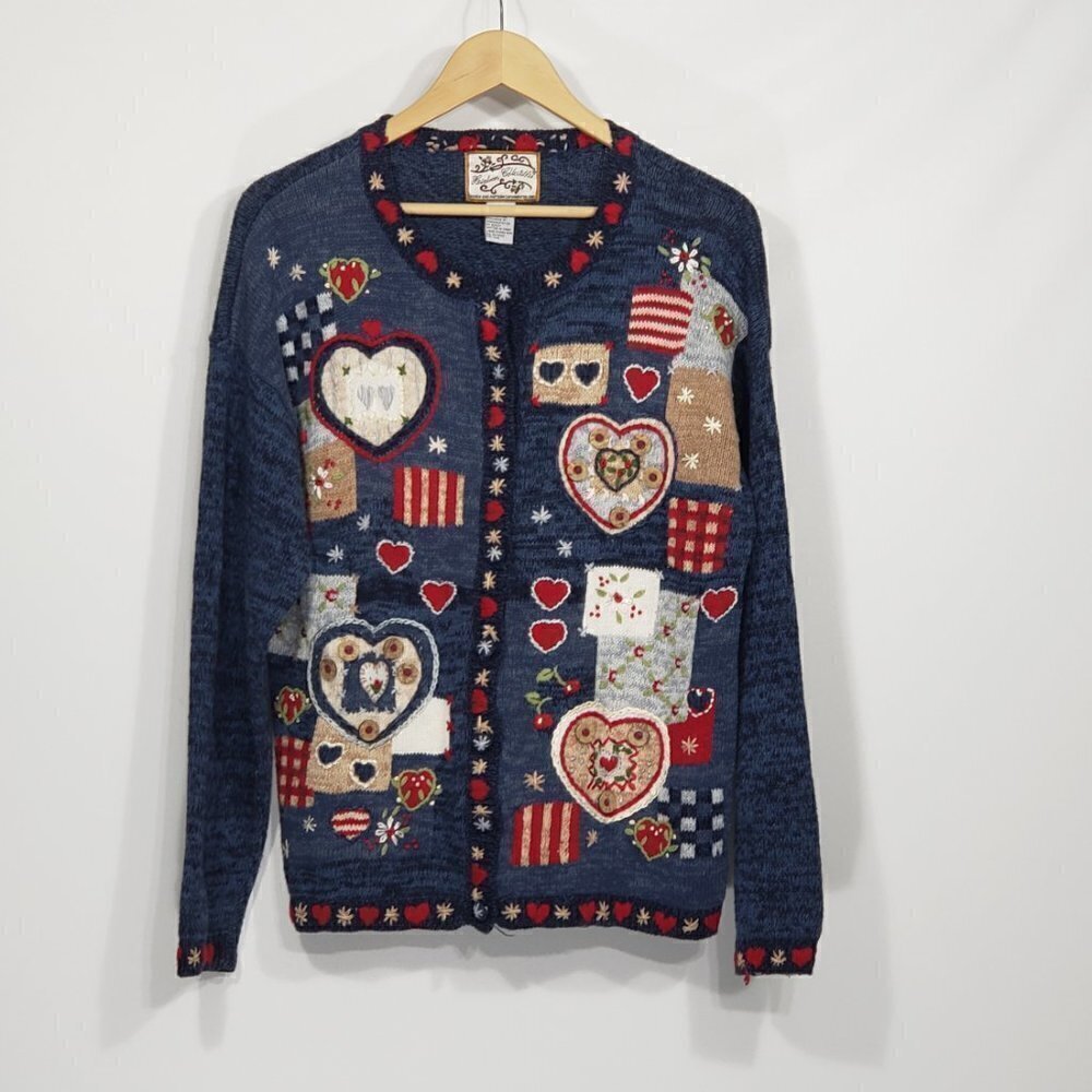 Heirloom Collectibles Embroidered Hearts Valentine Sweater Cardigan Sz S